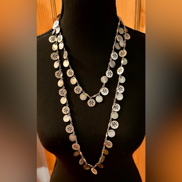 Elegant Silver Toned Sand Dollar and Abalone Like Shining Coin 52” Necklace Gift - Picture 6 of 14